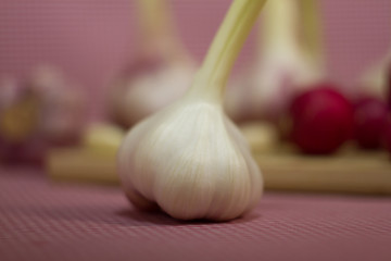 fresh red radish, red onion and garlic