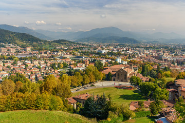 Fototapeta na wymiar View of Bergamo from Rocca di Bergamo fortress in Upper Town Citta Alta. Italy