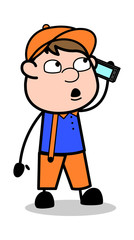 Calling - Retro Cartoon Carpenter Worker Vector Illustration﻿