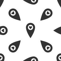 Map pointer with heart icon isolated seamless pattern on white background. Valentines day. Love location. Romantic map pin. Flat design. Vector Illustration