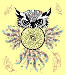 Color cute decorative ornamental Owl fall in love, doodle.