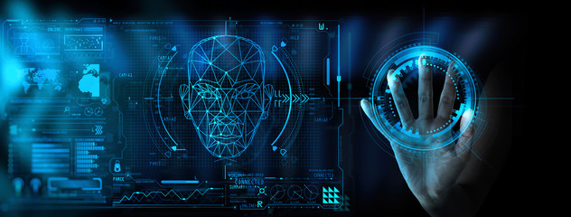 Hand touching UI for Unlocking with face identification. Facial recognition concept.