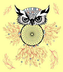 Color cute decorative ornamental Owl fall in love, doodle.