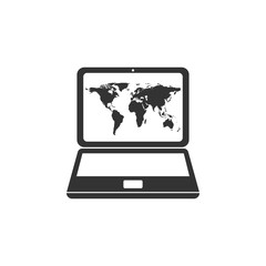 Laptop with world map on screen icon isolated. World map geography symbol. Flat design. Vector Illustration