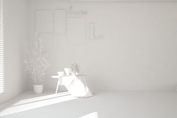 Empty room in white color. Scandinavian interior design. 3D illustration