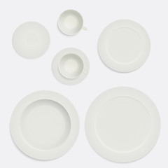 Set realistic plates, cup and saucer creamy color. Kitchen utensils isolated on white background, vector