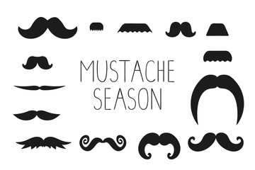 Vector set of black moustache isolated on white background. Illustration for prostate cancer awareness event or masculine design. Moustache season poster