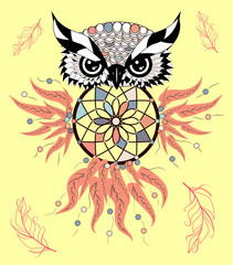 Boho style colored owl with tribal arrows. Bohemian tribal owl with a dream catcher. Totem owl.