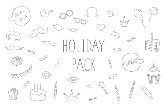 Vector set of black and white photo booth props, cakes, candles, balloons, confetti, sweets, candies, speech bubbles. Holiday or birthday collection. Linear art pack for party design or invitation.