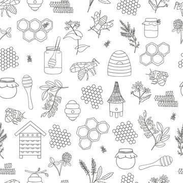Vector black and white seamless pattern of honey, bee, bumblebee, beehive, wasp, apiary, meadow flowers, honeycombs, propolis, jar, spoon. Monochrome repeating background.