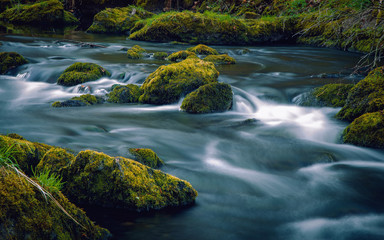Fototapeta na wymiar The small brook flowing between mossy stones. Germany Saxony.