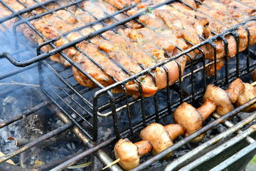 On a picnic barbecue grill on the grill with chicken meat.