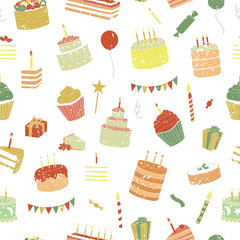 Vector birthday seamless pattern. Vintage looking repeating background for celebration with balloons, cakes, candles.