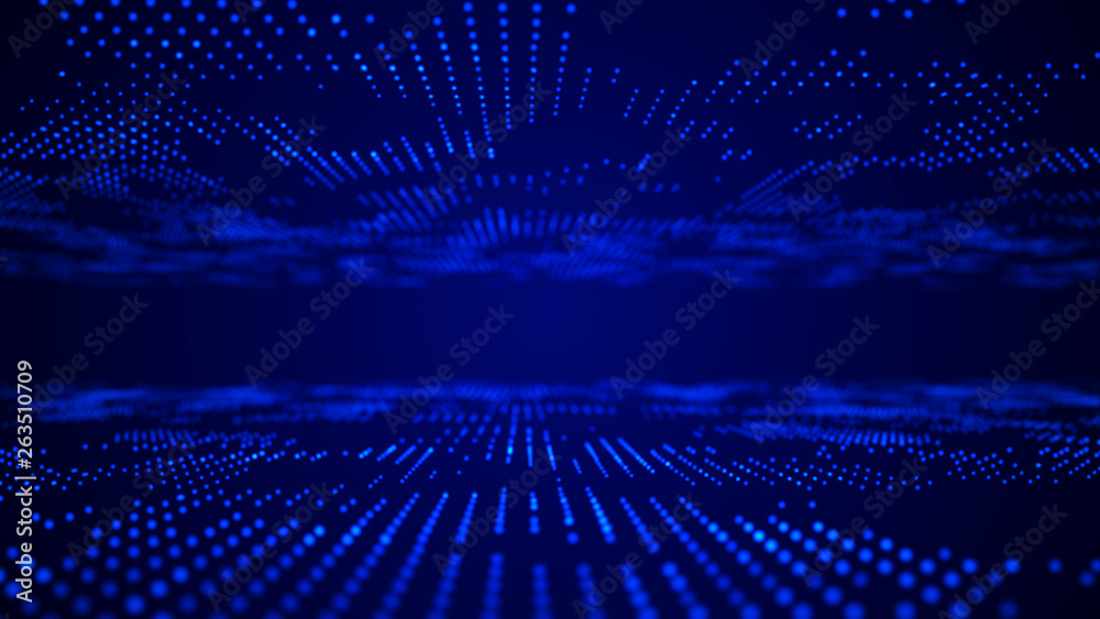 Poster Futuristic blue dots background. Science background. Big data visualization. 3d rendering.