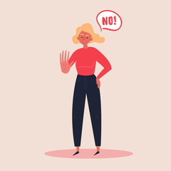 Blond woman expressing denial NO with her hand