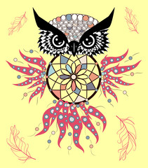 Boho style colored owl with tribal arrows. Bohemian tribal owl with a dream catcher. Totem owl.
