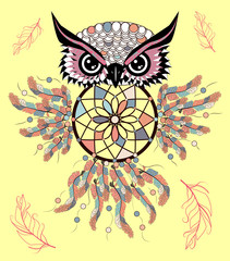 Boho style colored owl with tribal arrows. Bohemian tribal owl with a dream catcher. Totem owl.