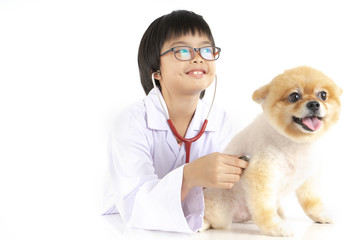 Isolated portrait of young female veterinarian with eyeglasses checking up Pomeranian dog in veterinary clinic. Studio shot of girl and puppy on white background