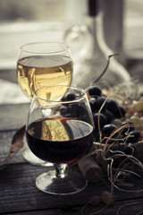 glasses of red and white wine and grapes