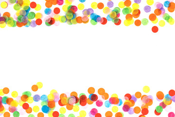 Multicolored confetti frame isolated on white background.
