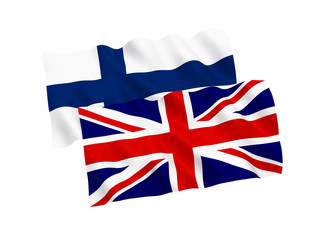 National fabric flags of Finland and Great Britain isolated on white background. 3d rendering illustration. 1 to 2 proportion.