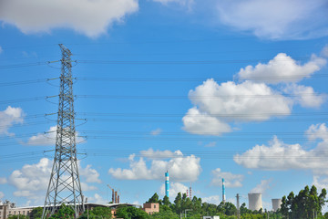 Obraz premium high voltage post.High-voltage tower sky background.