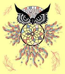 Patterned owl on the grunge background. African indian totem tattoo design.