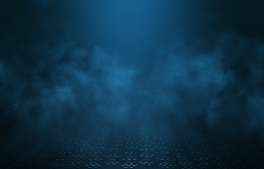 Empty background scene. Dark street reflection on the wet pavement. Rays of blue neon light in the dark, neon figures, smoke. Night view of the street, the city. Abstract dark background.