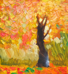 Original Ölgemälde einsamer Herbstbaum, gefallene Blätter, Malerei auf Leinwand. Impasto Kunstwerk. Kunst des Impressionismus. © Aleksandr Matveev