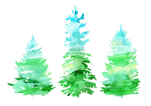 Spruce border.Coniferous forest.Silhouette of fir trees.Watercolor hand drawn illustration.White background. © jula_lily