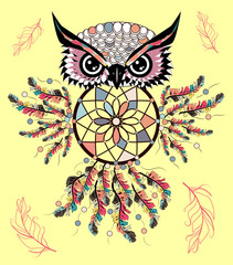 Fototapeta premium Artistic owl with Dreamcatcher. Graphic arts, dotwork.