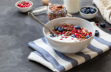 Granola, muesli with pomegranate seeds, blueberries and yogurt