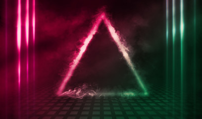 Empty background scene. Rays of neon light in the dark, neon figure of a triangle, smoke. Night view of the street, the city. Abstract dark background.