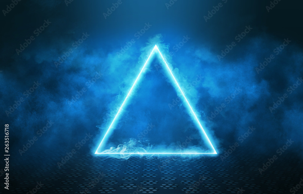 Aufkleber empty background scene. rays of neon light in the dark, neon figure of a triangle, smoke. night view
