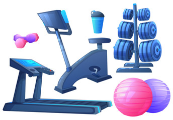 Gym interior object. Sport equipment for fitness - exercise bike and treadmill for running.  
