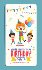 Vector Illustration Of Children Birthday Party Invitation Card Design