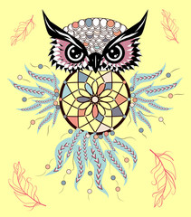 Dreamcatcher. Owl. Tattoo art, mystic symbol. Abstract feathers.