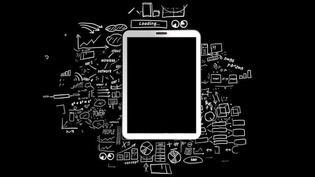 Tablet on alpha channel surrounded by hand-drawn infographics. Contains alpha channel in the background and in place of the screen.