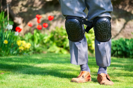 Knee pads worn by elderly senior old man in garden
