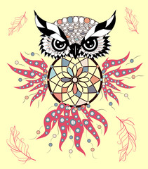 Dreamcatcher. Owl. Tattoo art, mystic symbol. Abstract feathers.