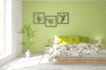 Stylish bedroom in green color. Scandinavian interior design. 3D illustration