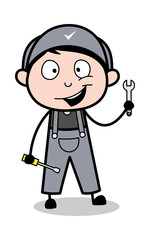 Presenting Tools - Retro Repairman Cartoon Worker Vector Illustration