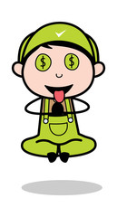 Dollar Eyes with Tongue Out - Retro Repairman Cartoon Worker Vector Illustration