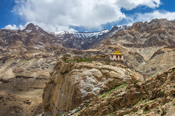 Beautiful Ladakh landscape with a Buddhist monastery and and Himalayas mountains at background