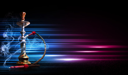 Hookah, smoke on a dark abstract background. Background of empty scenes with multicolored neon lights, reflection of night lights on wet pavement