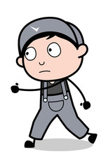 Walking Pose - Retro Repairman Cartoon Worker Vector Illustration