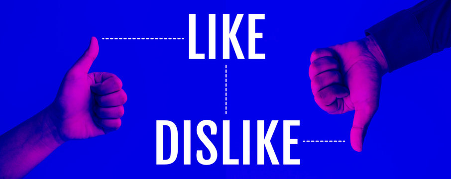 Effect result concepts with two hand showing thumb up presents like and dislike,positive or negative sign on blue background.Business communication marketin - Powered by Adobe