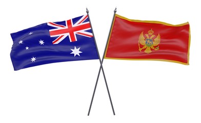 Australia and Montenegro, two crossed flags isolated on white background. 3d image