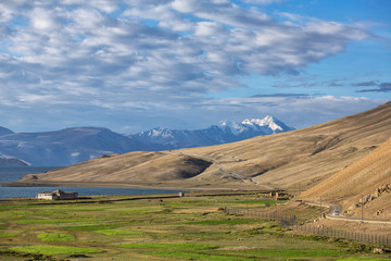 Tso Moriri lake landscape near Karzok Village in Changtang plateau, Ladakh