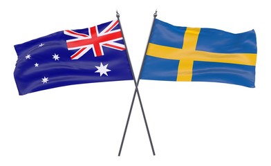 Australia and Sweden, two crossed flags isolated on white background. 3d image
